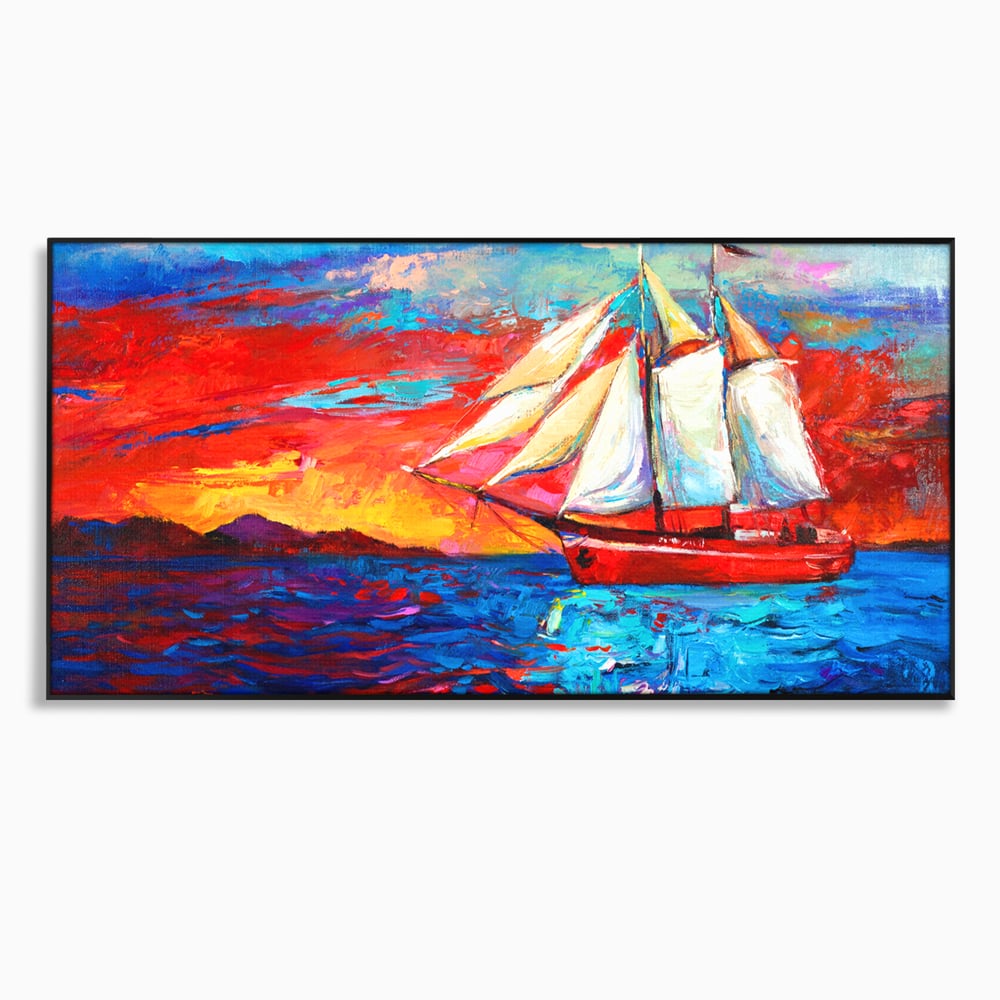 Tablou canvas cu tablou canvas cu vapor cu vele pe mare, in rama de aluminiu negru